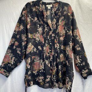 Style & Co Sheer Roll Tab Sleeve Button Up Blouse Women 2X BlackFloral Tie Waist
